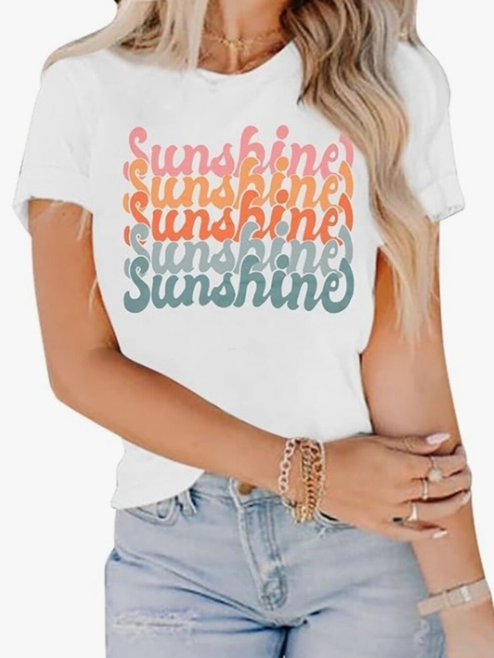 Sunshine Graphic Tee Stretch Crew Neck Short Sleeve White Pink Orange Green XL